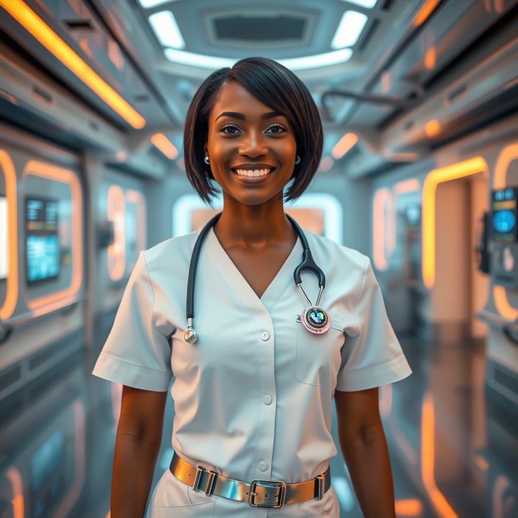 Sleek Nurse in Futuristic Hospital Setting