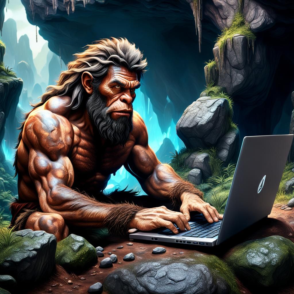 a caveman using a laptop, realistic hyper real