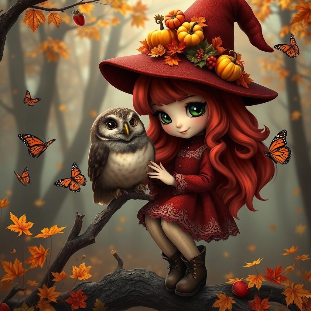 Chibi Witch in Magical Autumn Forest, 3D Render