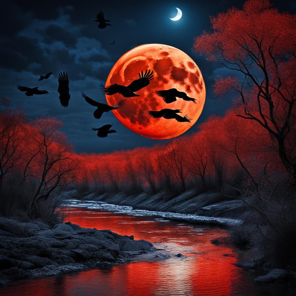 River on Fire Under Sapphire Moon: Hyperrealistic HDR