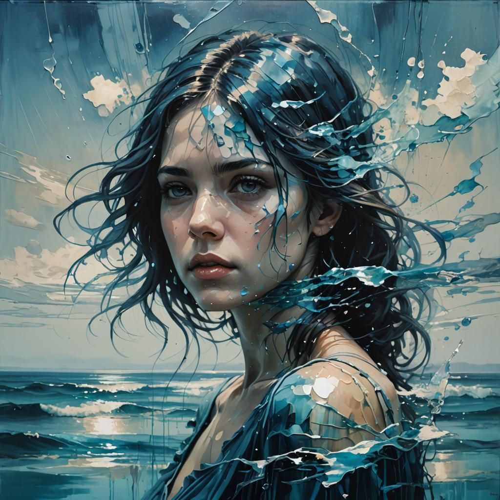 Ocean Person Portrait in Glitch Art Nouveau Style