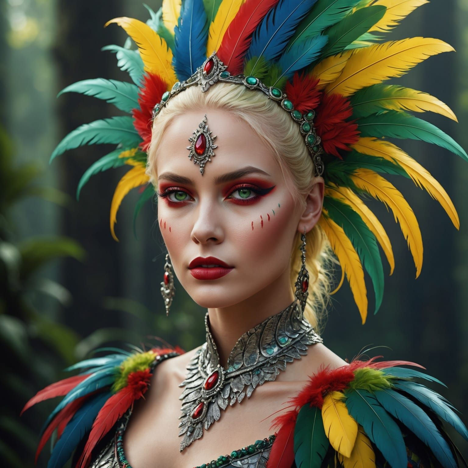 Fantastical Woman with Silver Skin and Feathers
