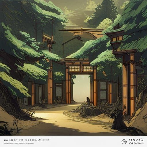 Japanese Temple Arch in Lush Forest, Ukiyo-e Style