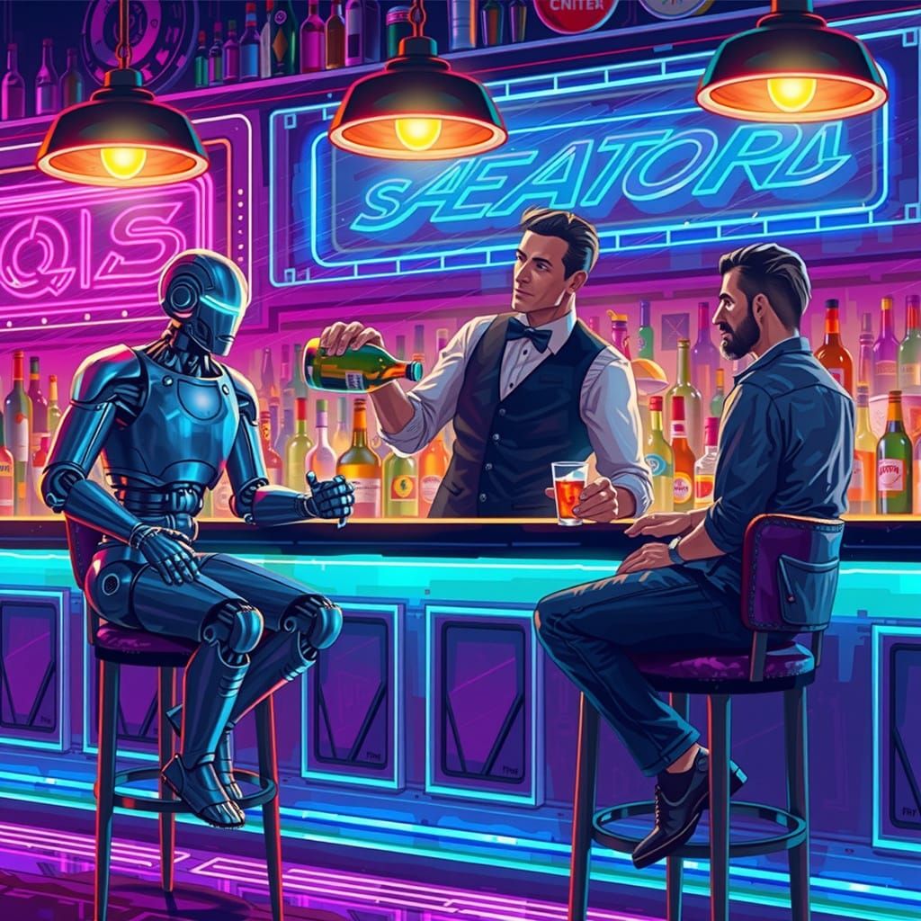 Futuristic Pub Scene in Neon-Lit Dystopia