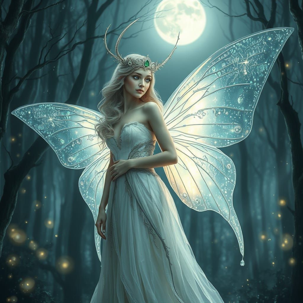 Ethereal Elven Queen in Moonlit Silver Forest