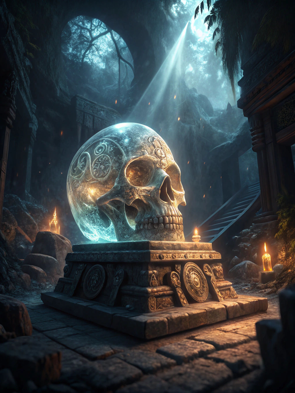 Glowing Crystal Skull Idol in Aztec Temple