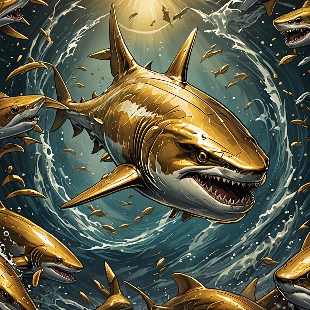 Golden Shark Logo in Comic Book Art Style