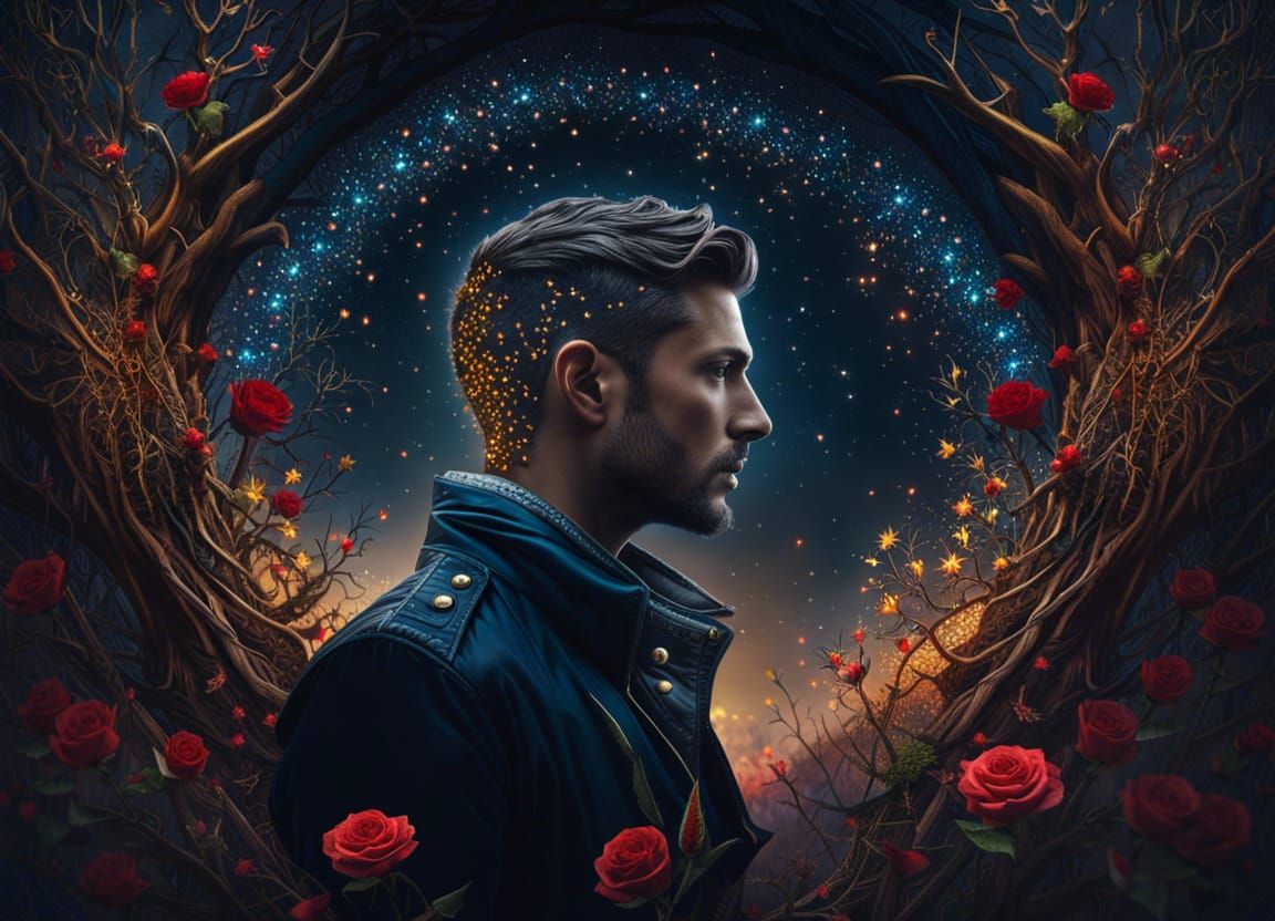 Double Exposure: Thorny Portrait in Cosmic Forest