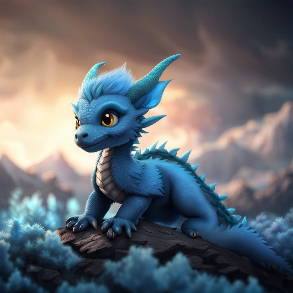 Fluffy Blue Dragon Fantasy Concept Art