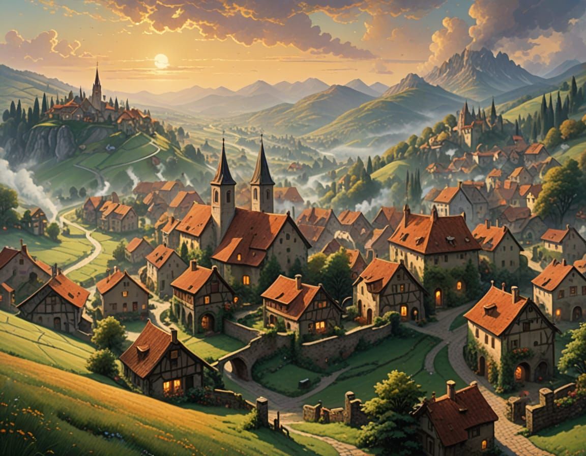 Enchanting Medieval Village in Golden Light, Kinkade Style