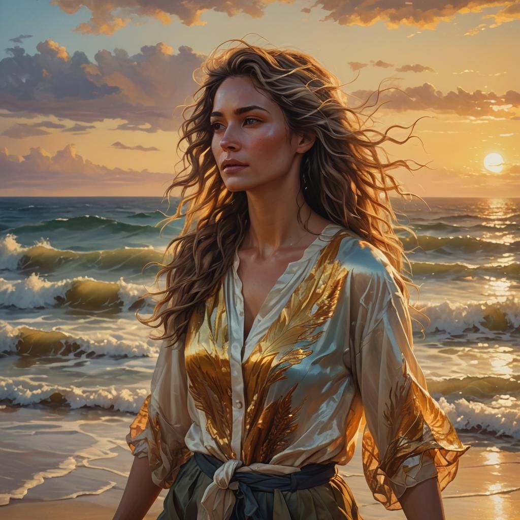 Woman on Beach in Vibrant Oil Painting