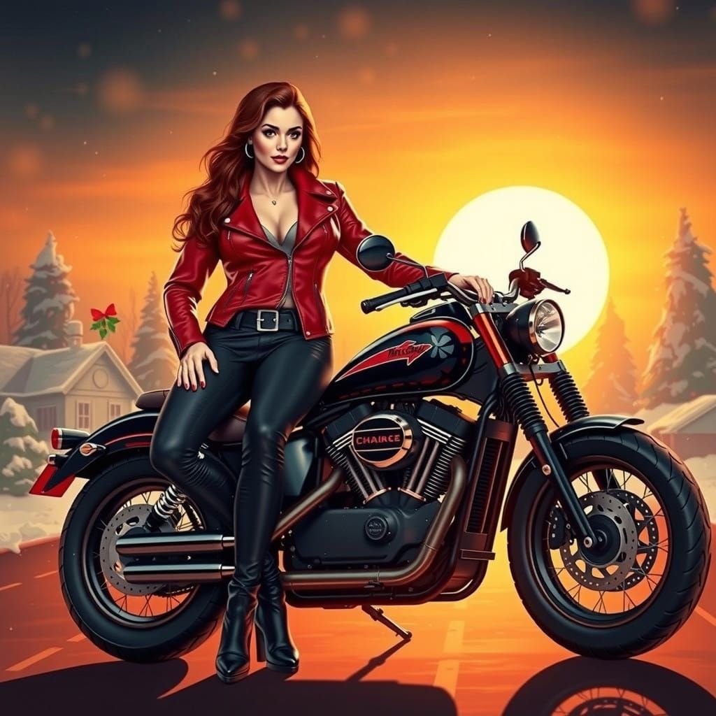 Sultry Mrs. Claus on a Black Roadster Motorcycle in Winter W...