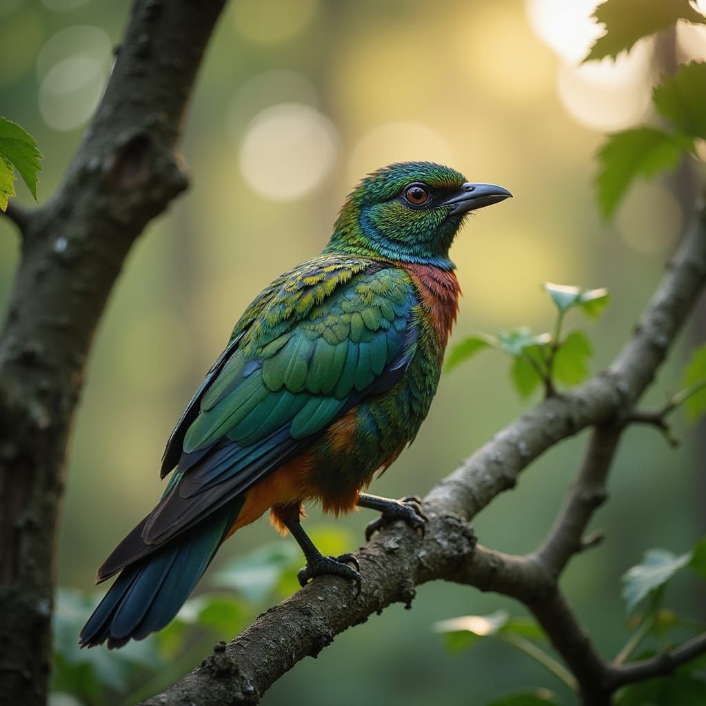 Majestic Emerald Bird Perched on Gnarled Branch in Forest Gl...