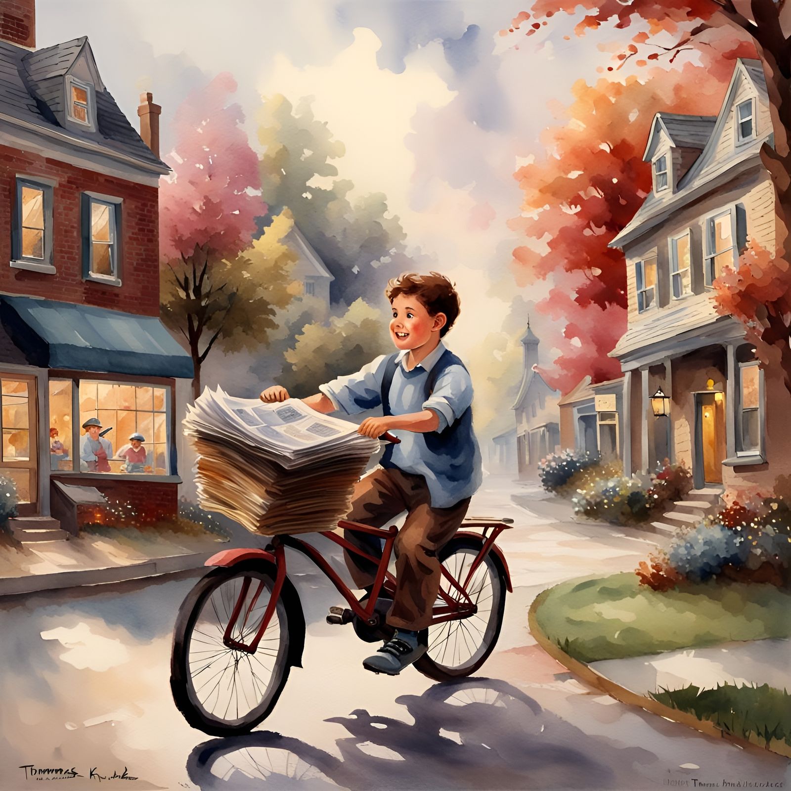 Boy Delivers Newspapers in Loose Watercolor Style