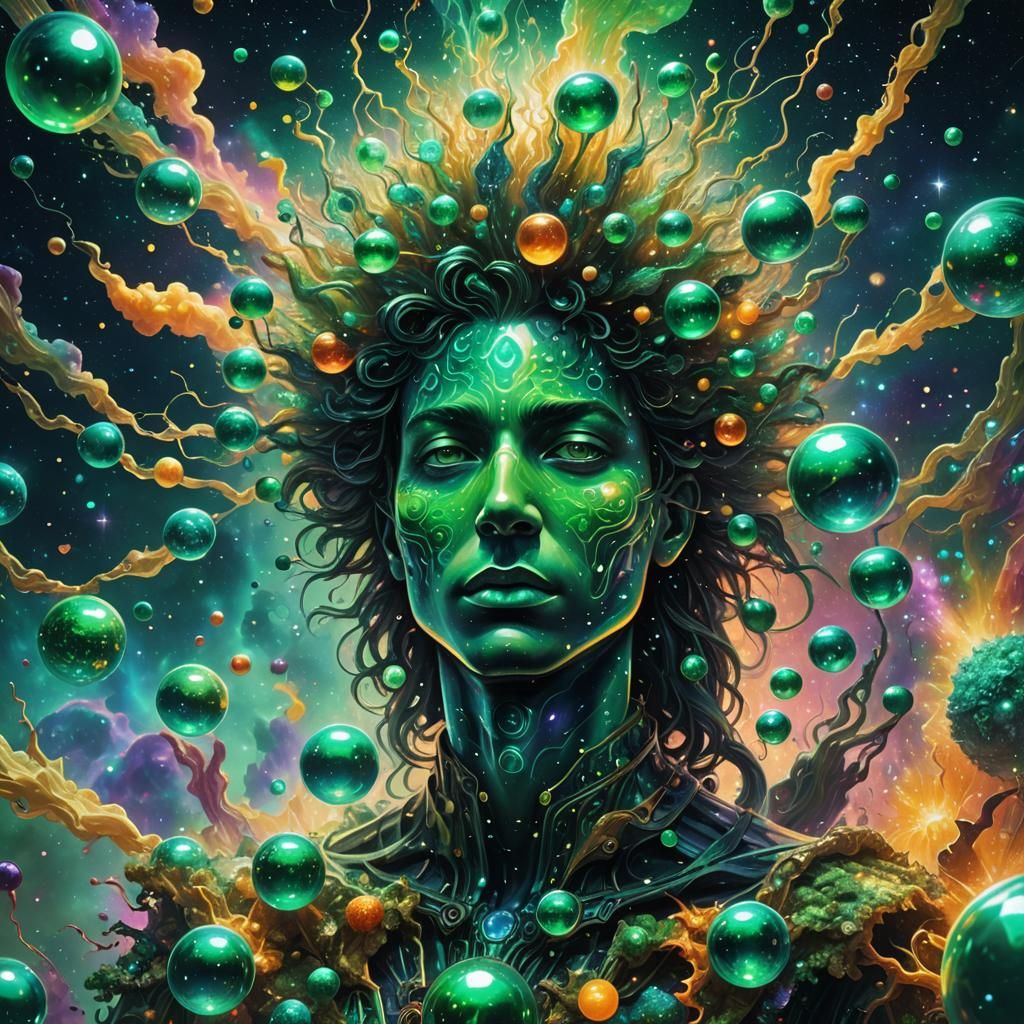 Emerald Glass Figure in Cosmic Neon Dreamscape