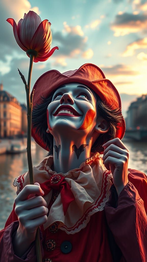 Pierrot in Paris Holding Flower Skyward