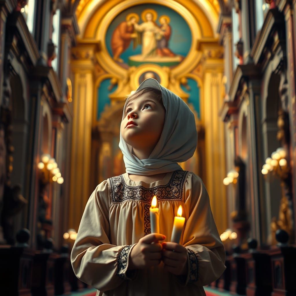 Orthodox Girl in Grand Church with Golden Icons and Candle