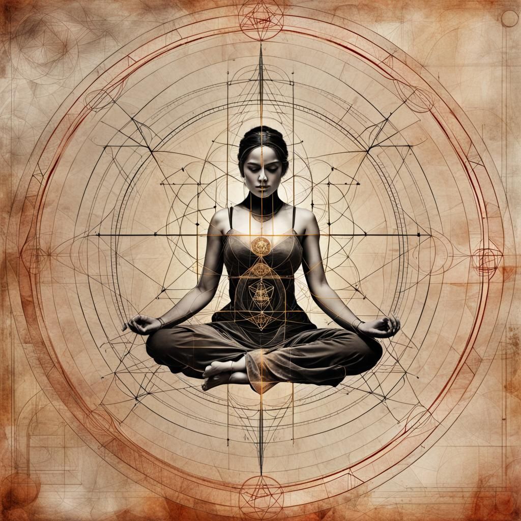 Meditating Woman with Sacred Geometry in Technical Art Style