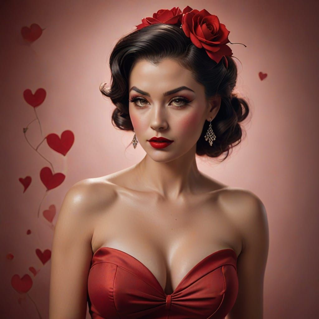 Hyperrealistic Valentine Pin-up in Crimson Tones