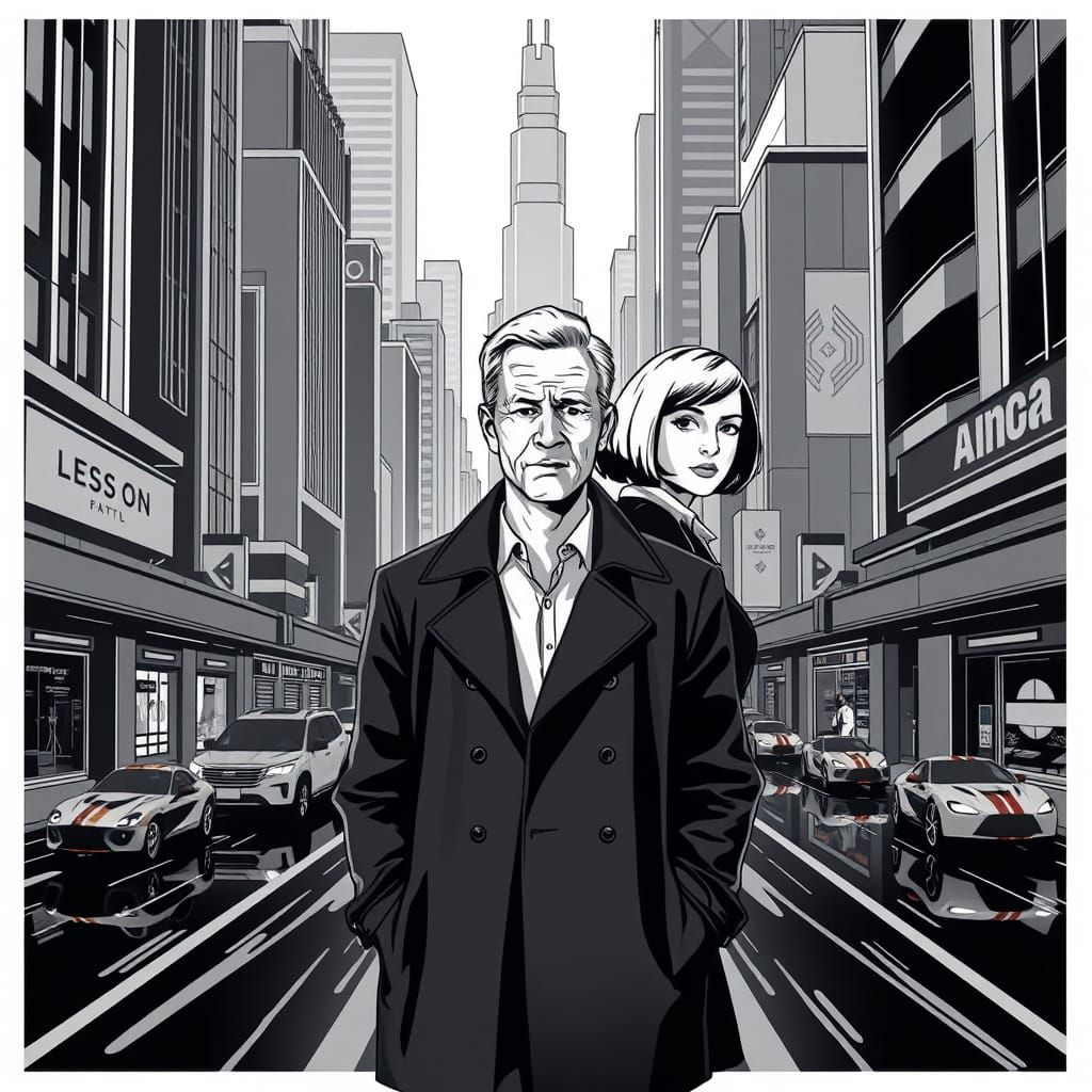 Stylized Poster of Three Figures in Futuristic City