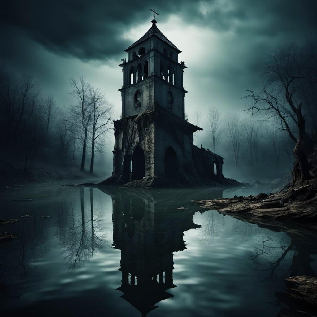 Sinking Bell Tower Reflected in Lake, Dramatic Style