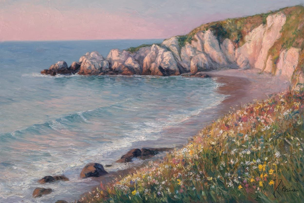 Secluded Cove at Dawn in Impressionistic Chalk Painting