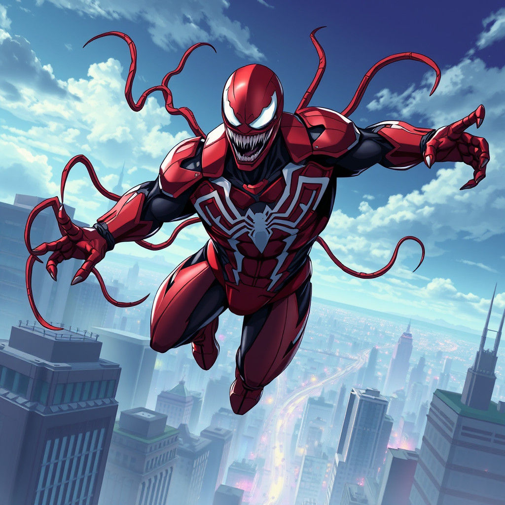 Venom as Iron Man Hovering Over City in Anime Style