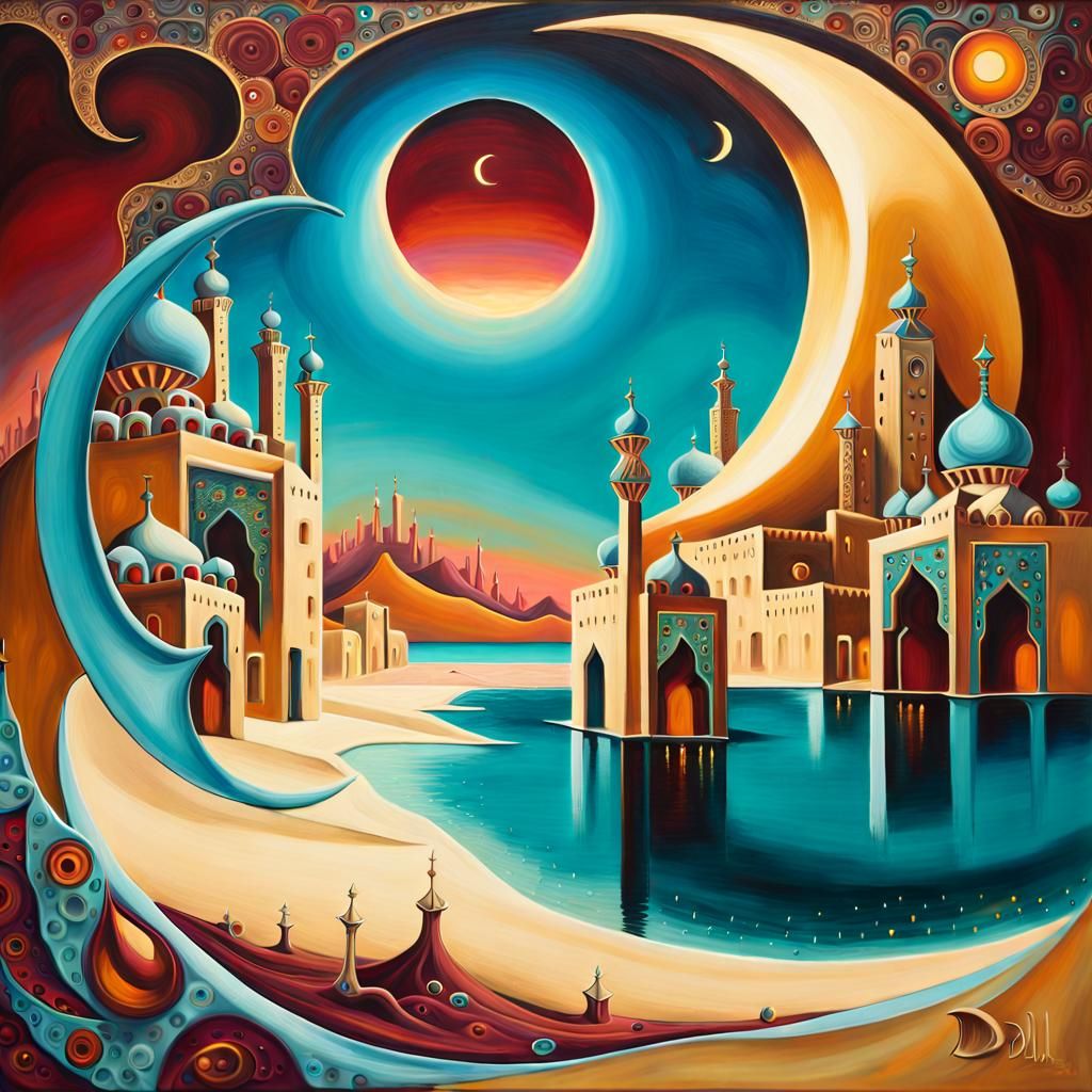Arabian Nights Dreamscape: Surreal Cityscape with Moonlit Mi...