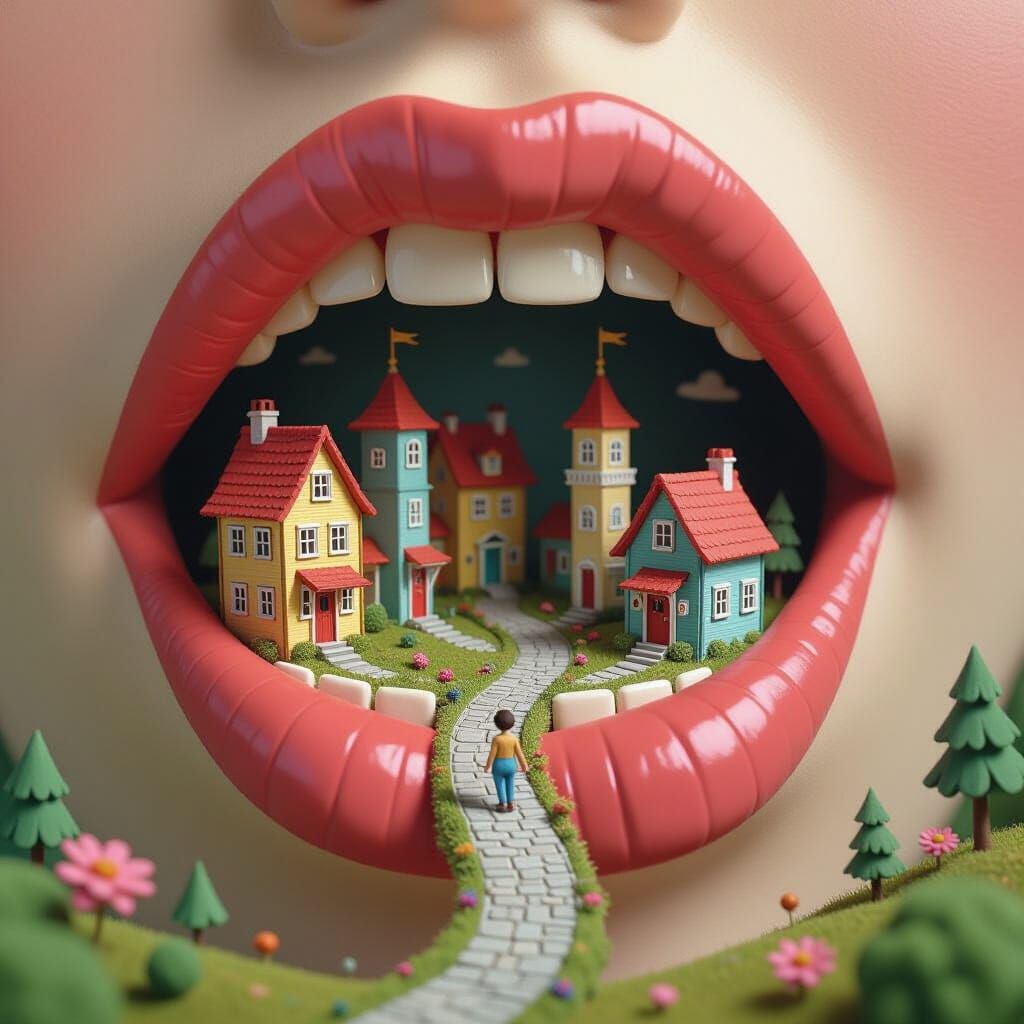 Mouth Village: A Whimsical World in Folk Art Style