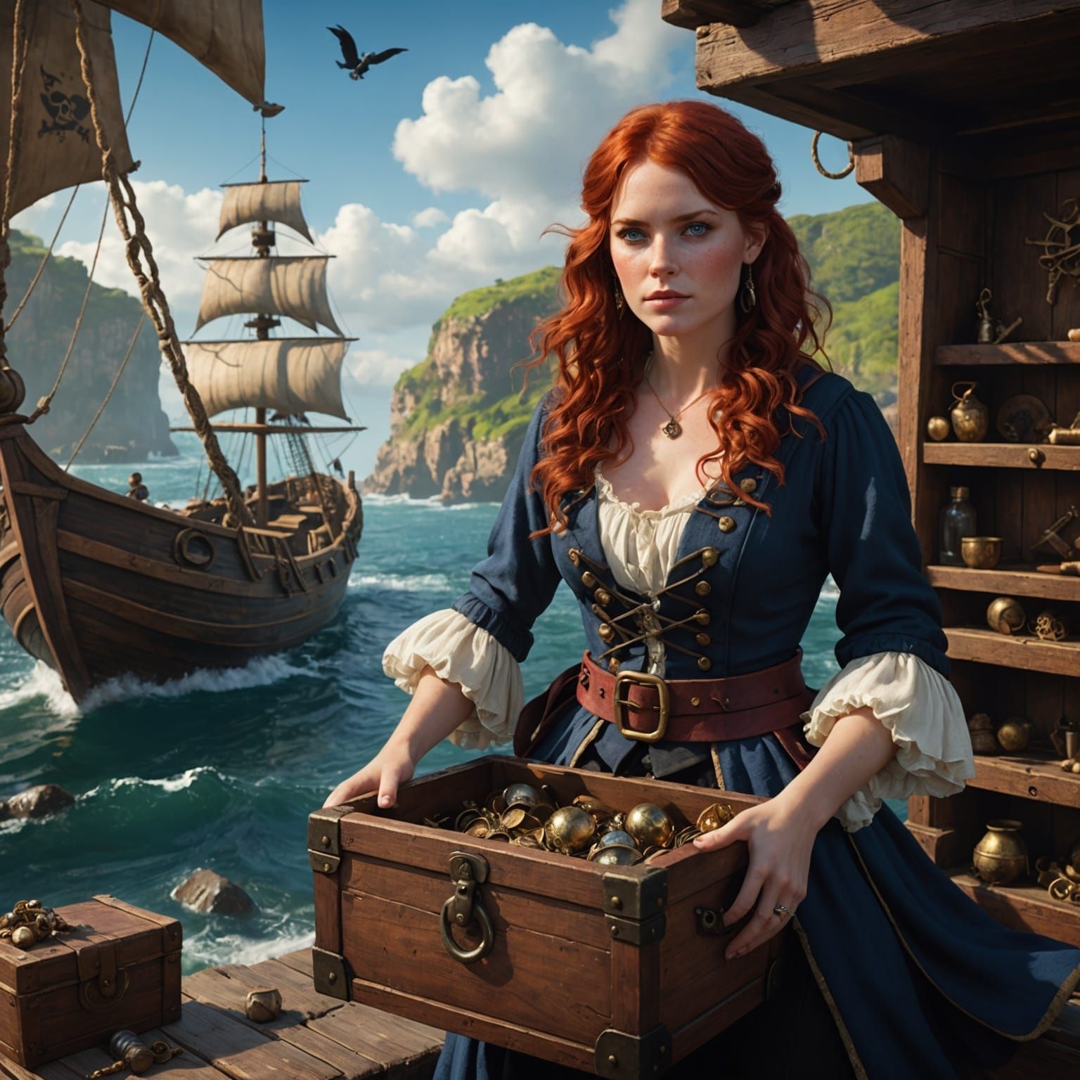 Female Pirate Opens Treasure Chest on Shore