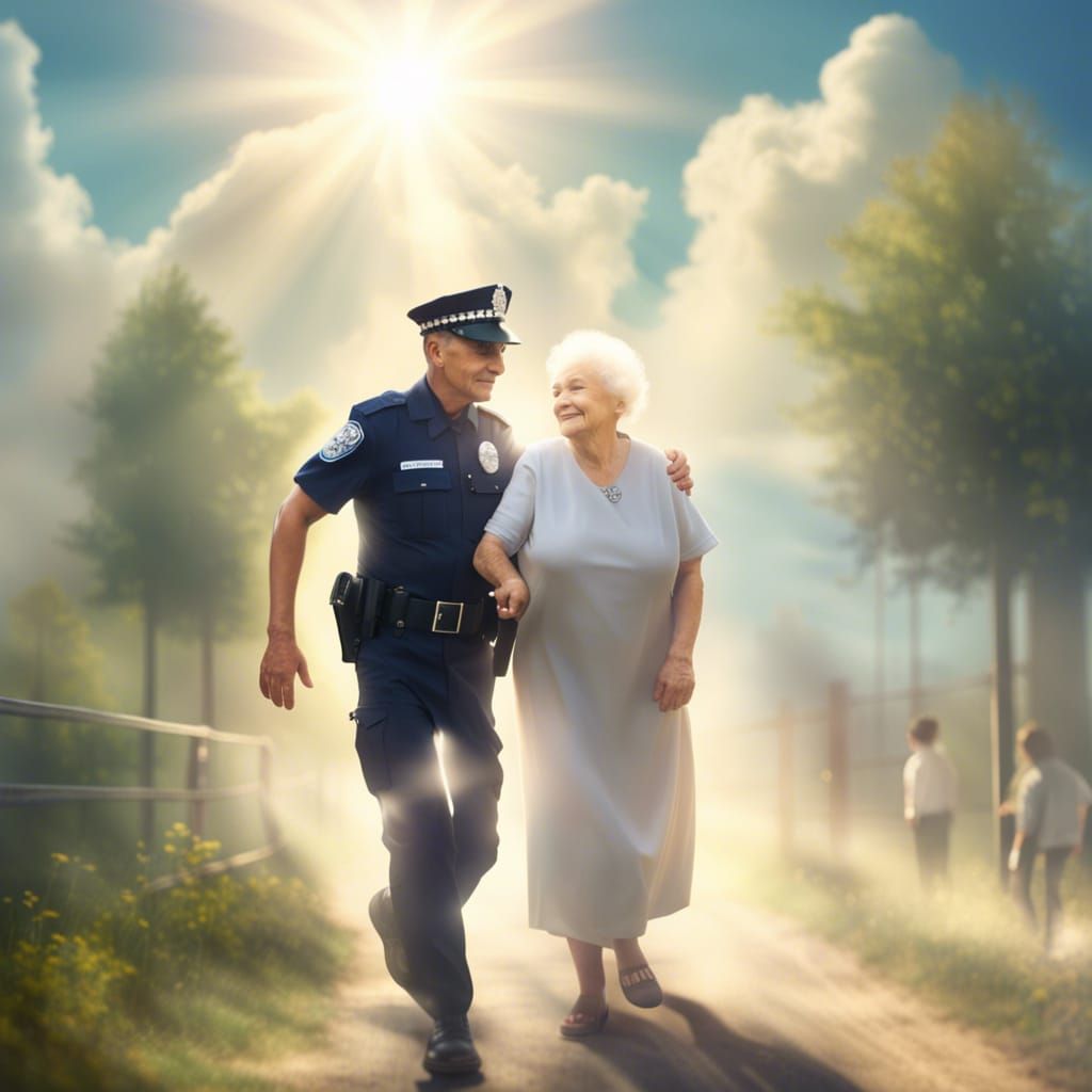 Police Officer Helping Elderly Woman in Divine Light