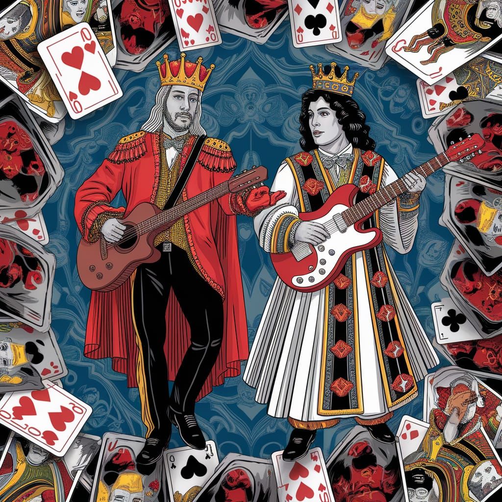 A rock and roller King and Queen of Hearts playing guitars, ...