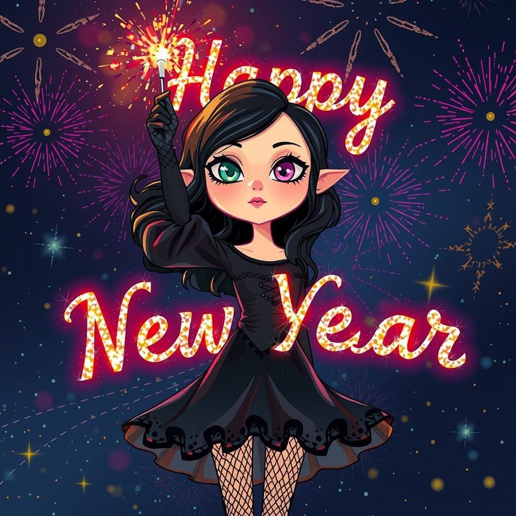 Gothic Whimsy: Sparkler-Wielding Cartoon Girl in Vibrant Nig...