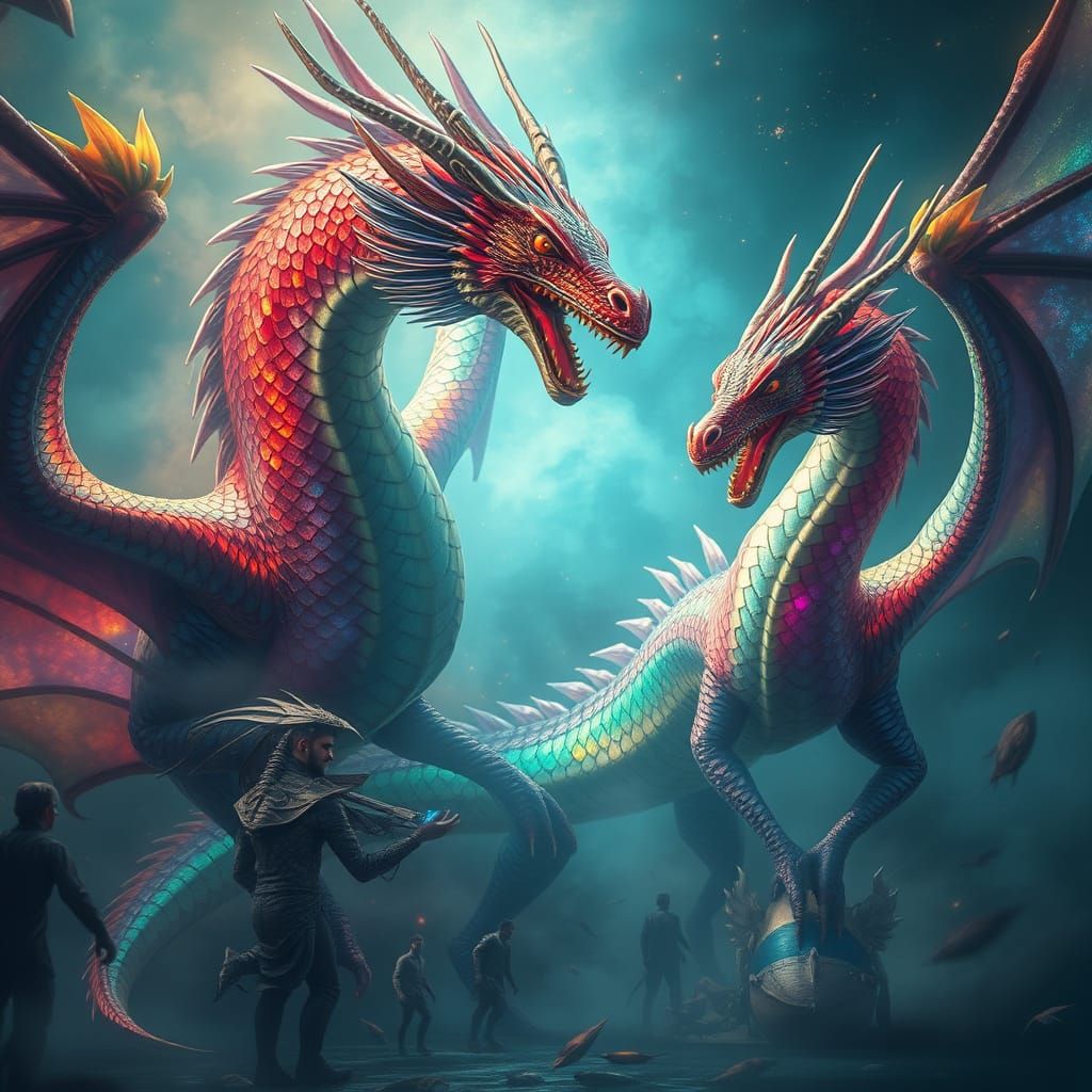 Iridescent Dragons in a Mystical Landscape