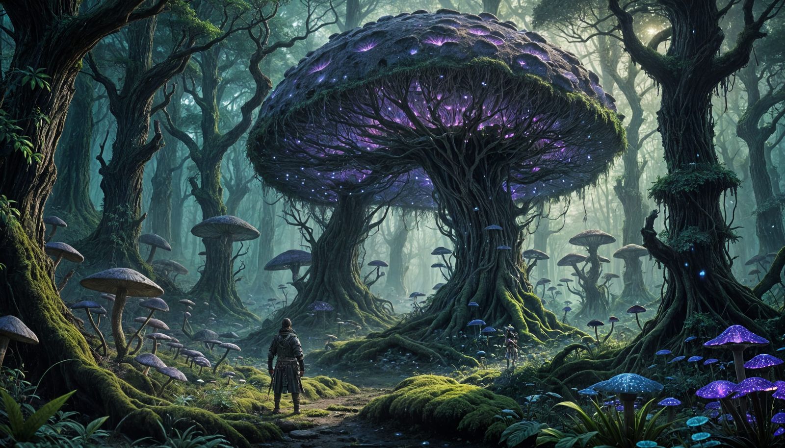 Samurai Meditating in Bioluminescent Mushroom Forest