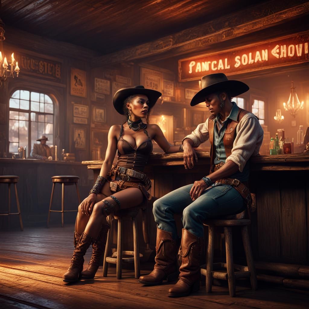 Dancehall Woman and Cowboy in Old Saloon