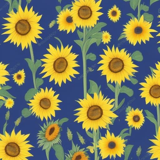 Sunflowers and Daisies on Navy Blue Background