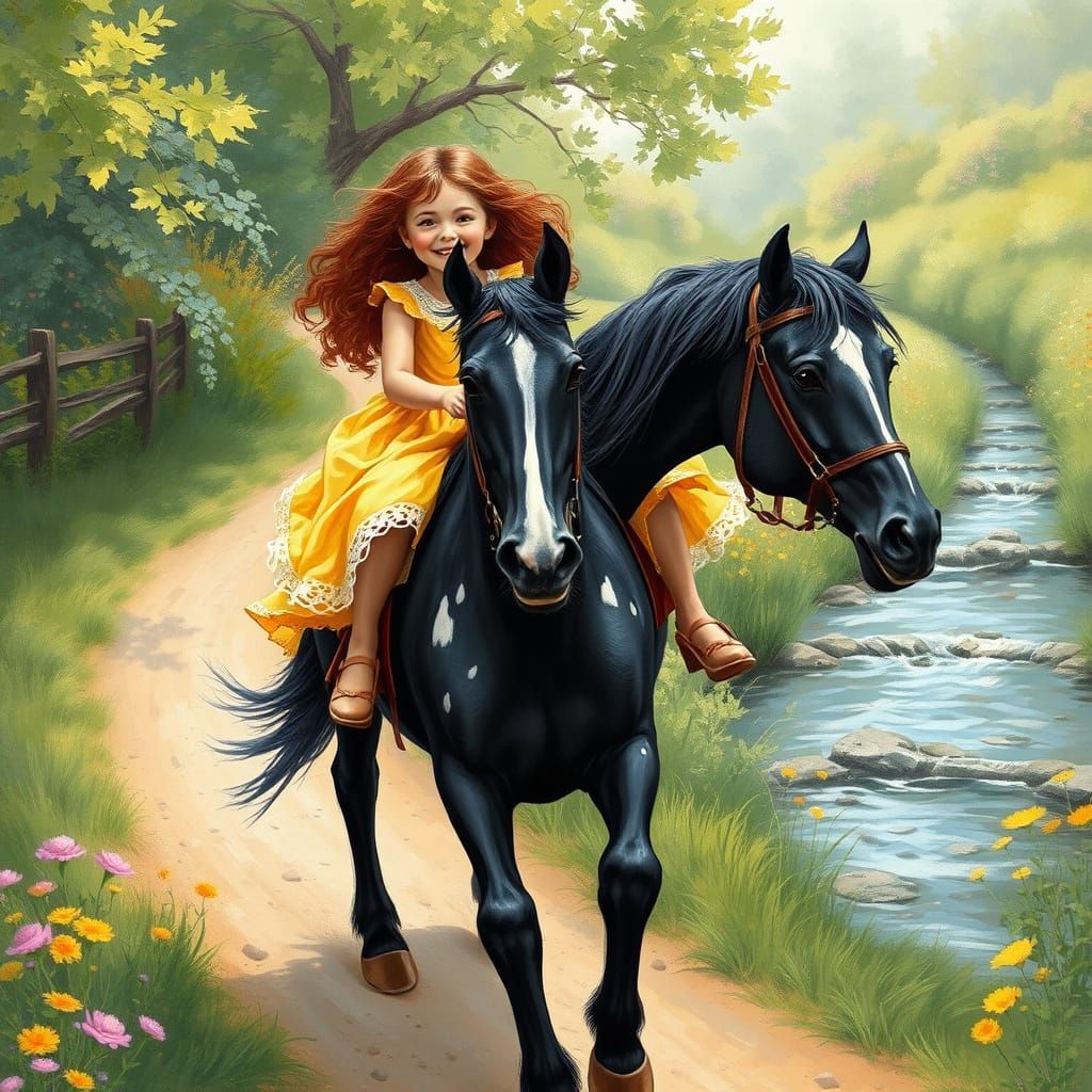 Girl Riding Majestic Black Horse Near Crystal Clear Stream