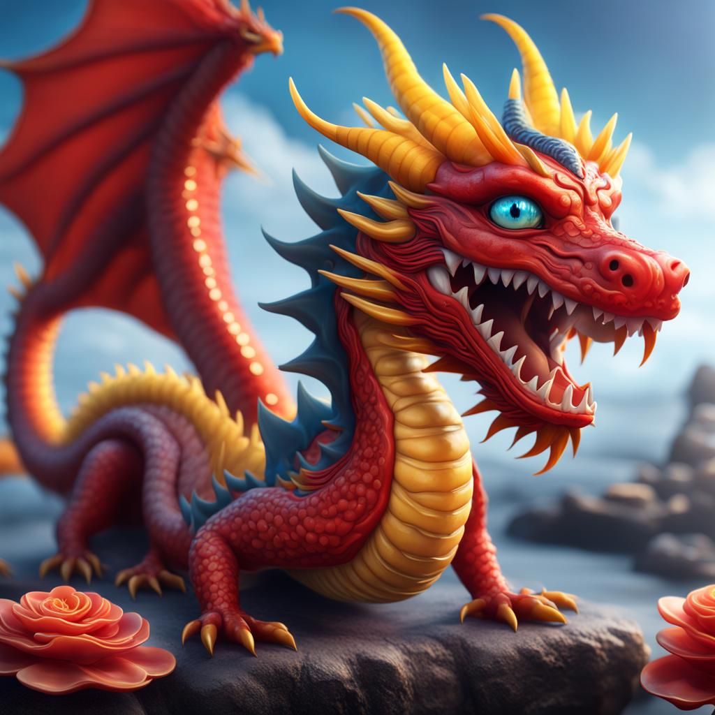 Cute Red Dragon with Sushi, Fantasy Art