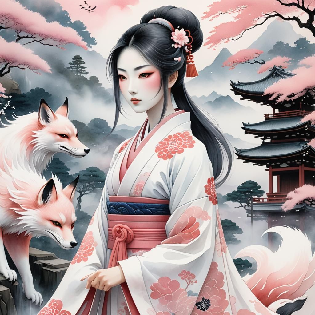 Miko Sweeps Shrine Grounds in Ukiyo-e Style