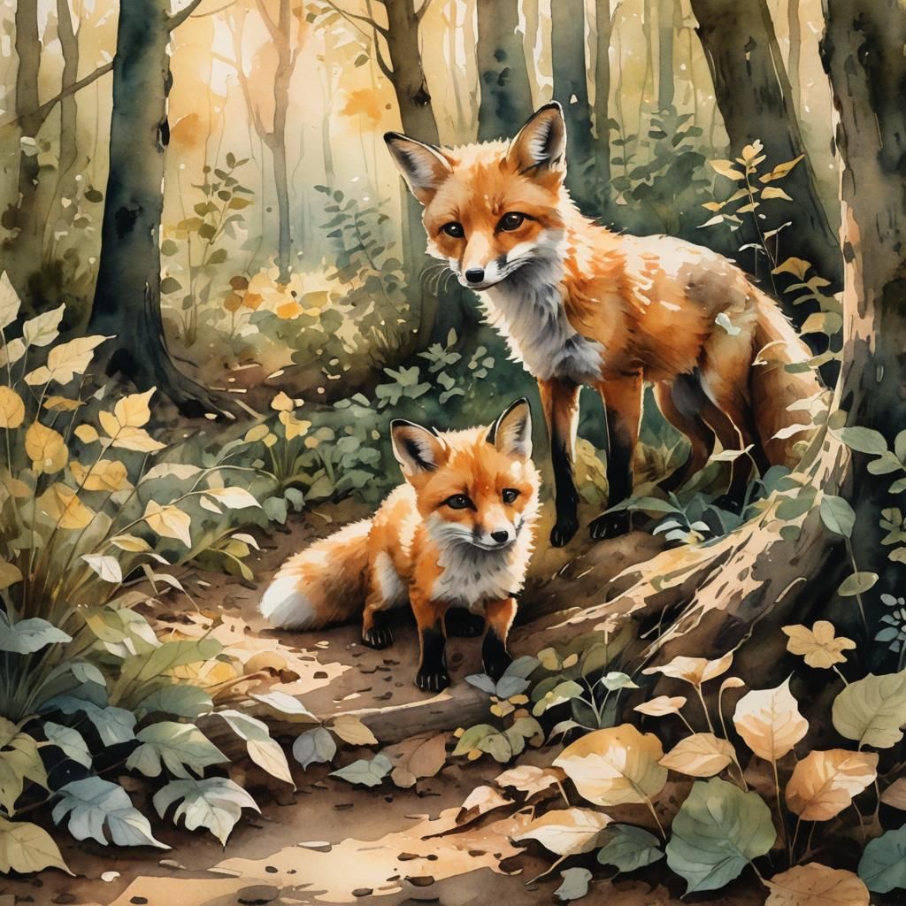 Baby Fox Playing in Forest Watercolor