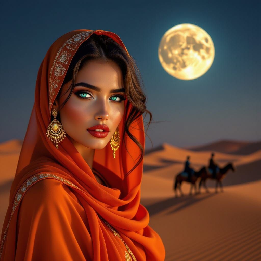 Desert Woman with Turquoise Eyes Under the Moon
