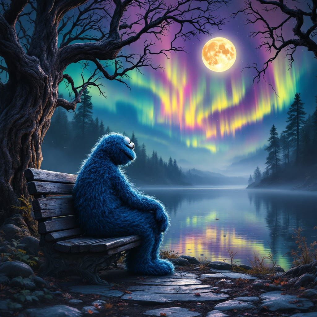 Cookie Monster's Melancholy: A Dark Fantasy Scene