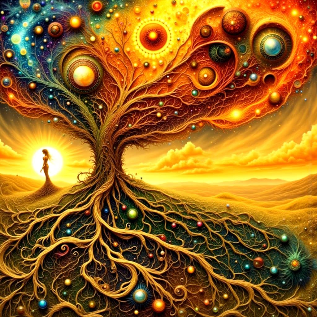Intricate Goddess and Tree Transformation with Golden Rays