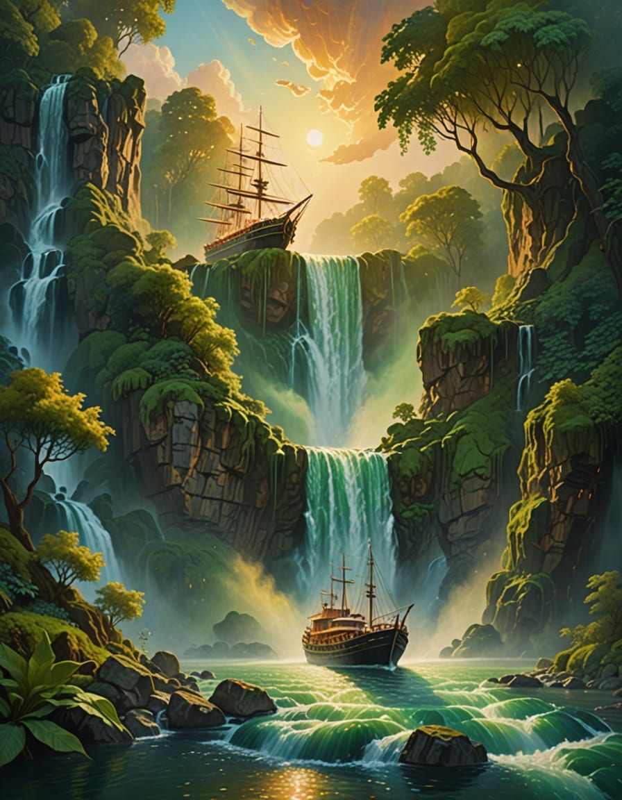Ship Floating Over Tropical Waterfall: Surreal Oil Painting