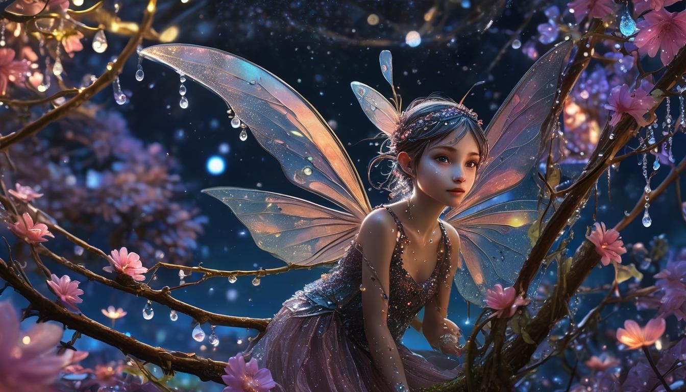 Dewdrop Fairy on Bioluminescent Flower, Fantasy Art