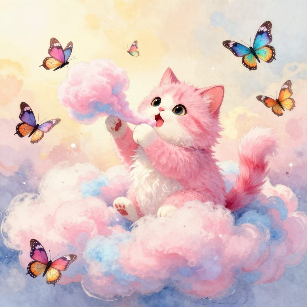 Fluffy Pink Cat in Cotton Candy Cloud