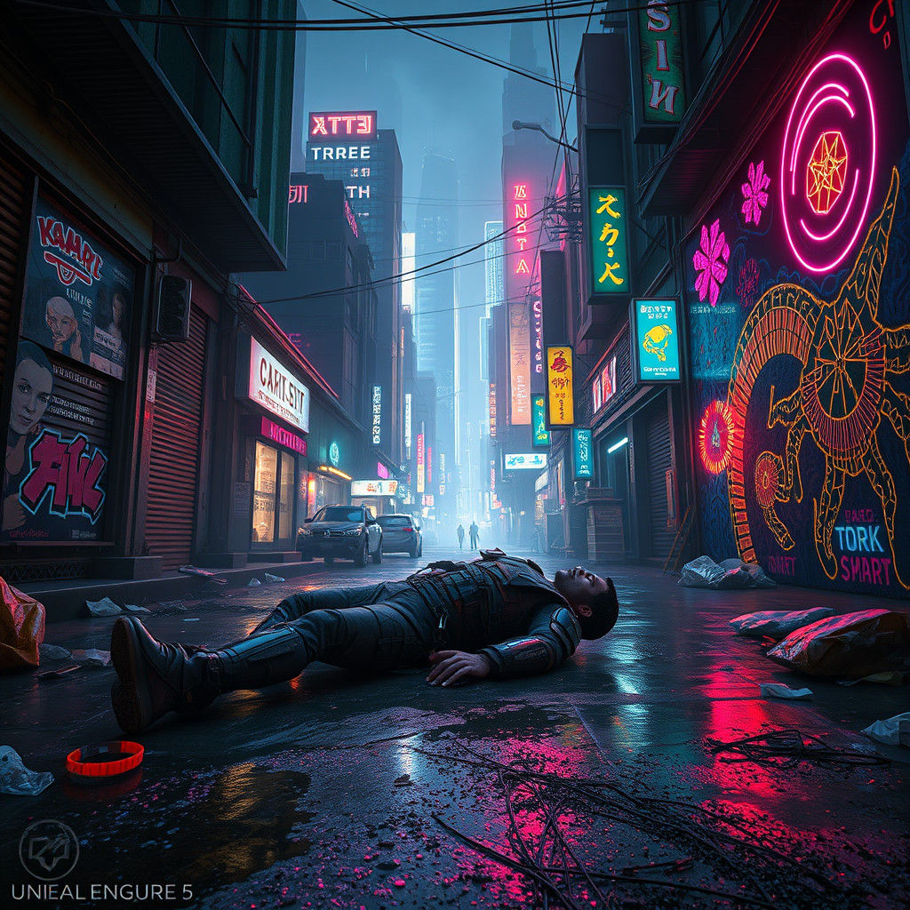 Dystopian Alleyway Scene in Cyberpunk Style