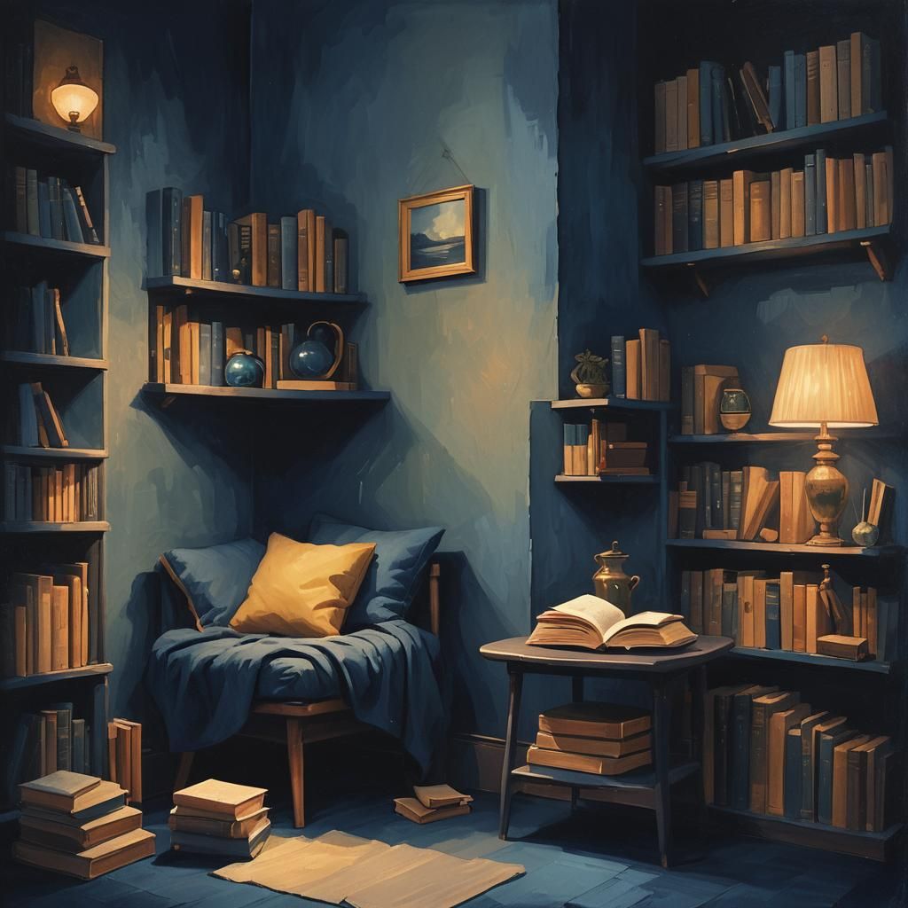 Cozy Dark Blue Reading Corner: A Matte Painting