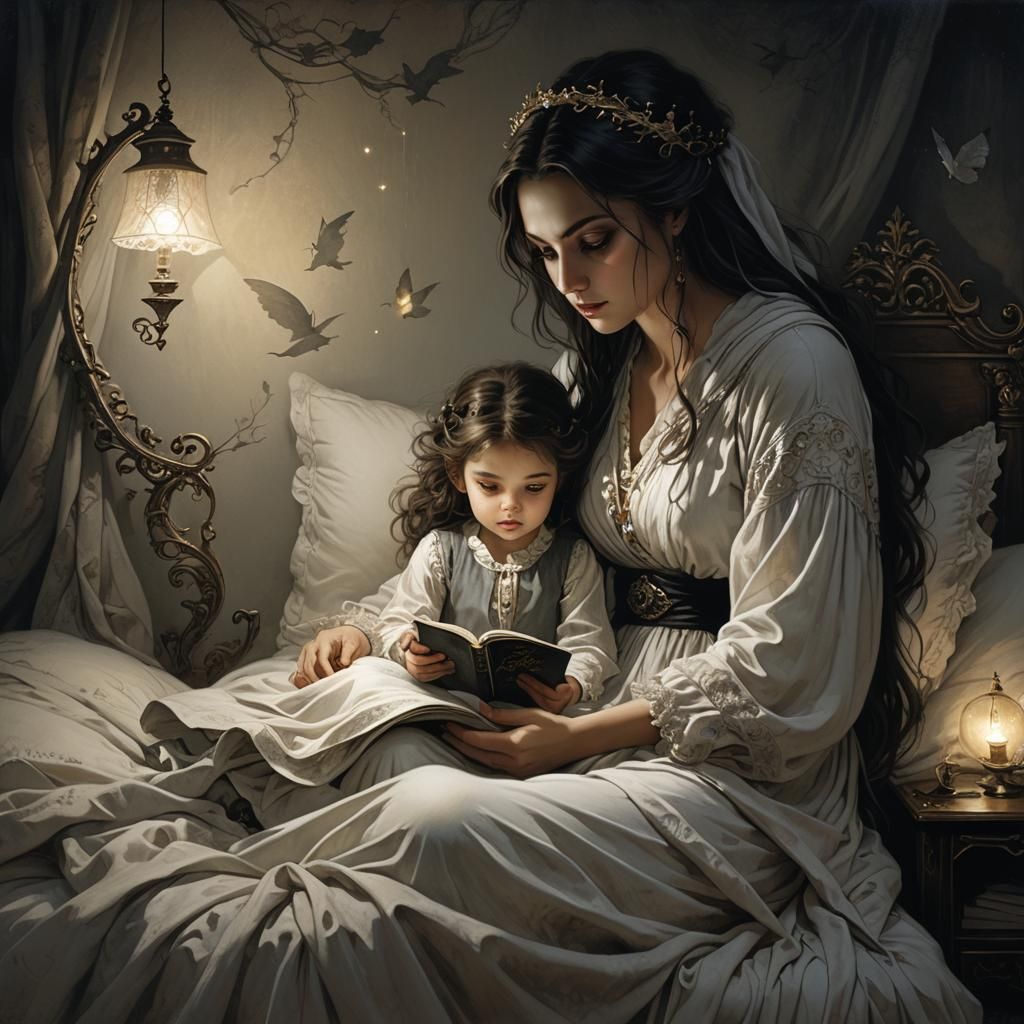 A mother sitting on the edge of her daughter's bed, reading a story before bed. The girl is curled under the blankets, w...